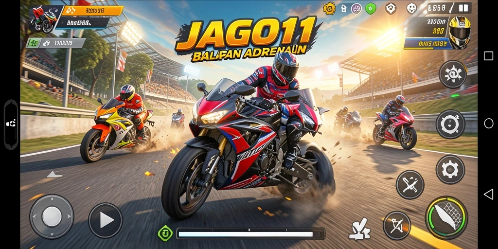 Screenshot gameplay JAGO11 menunjukkan serunya balapan motor di trek menantang.