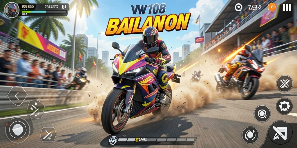 Tangkapan layar menunjukkan tindakan balapan motor yang mendebarkan.